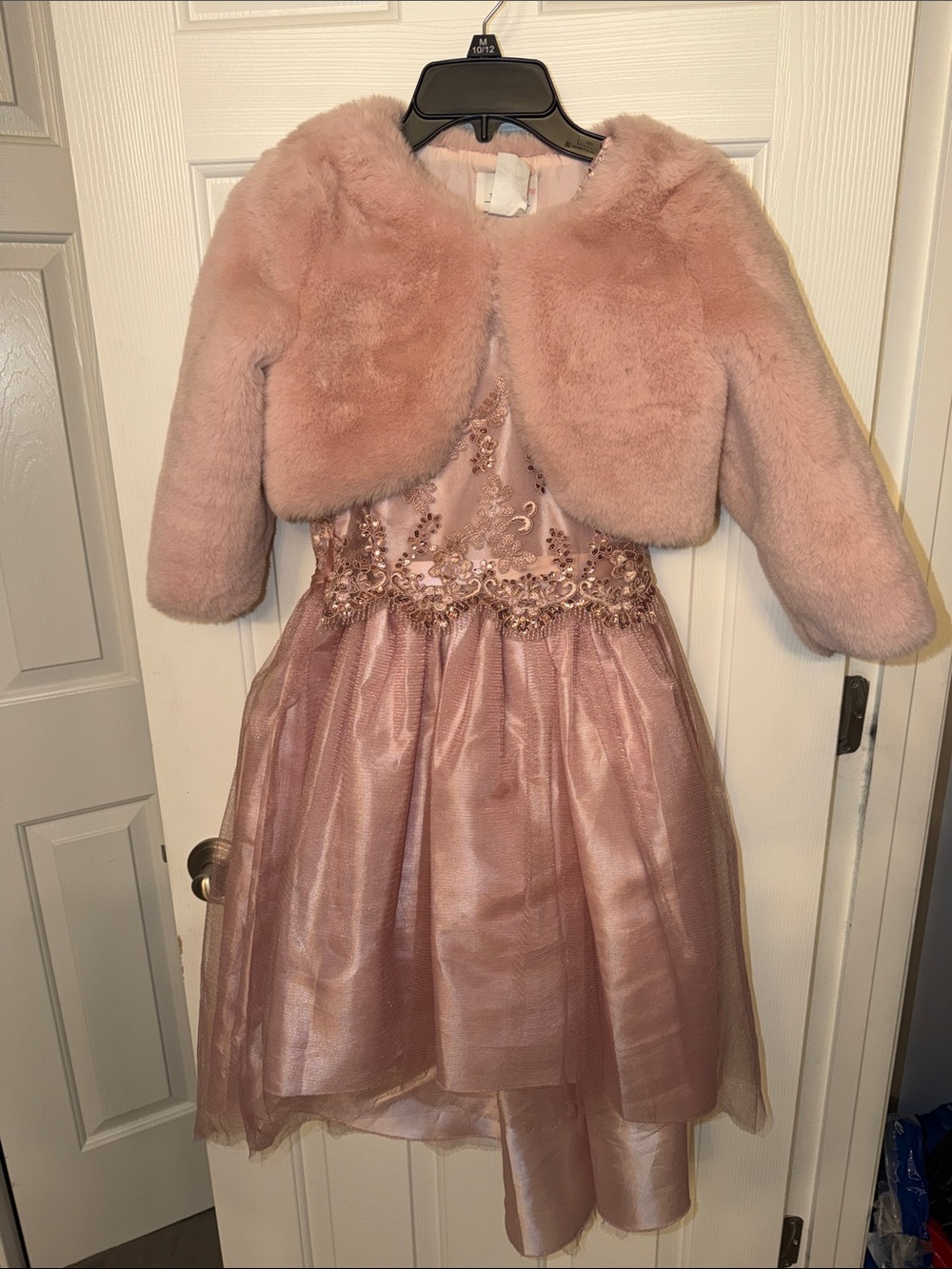 Girls Pink Rose Gold Embellished Formal Dress with Faux Fur Shrug size 10